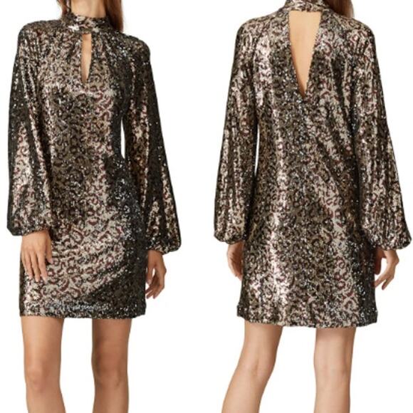Milly Emily Embellished Sequin Blouson Sleeve Shift Mini Dress Gold Women's US 6